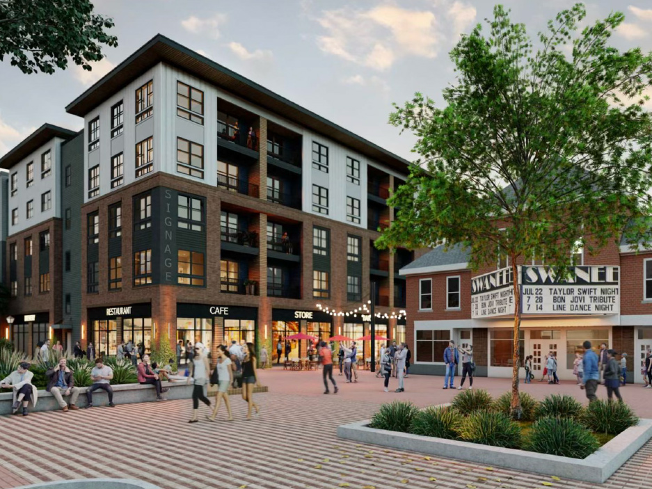A rendering of a multi-story residential building. There are people around it in a public square.