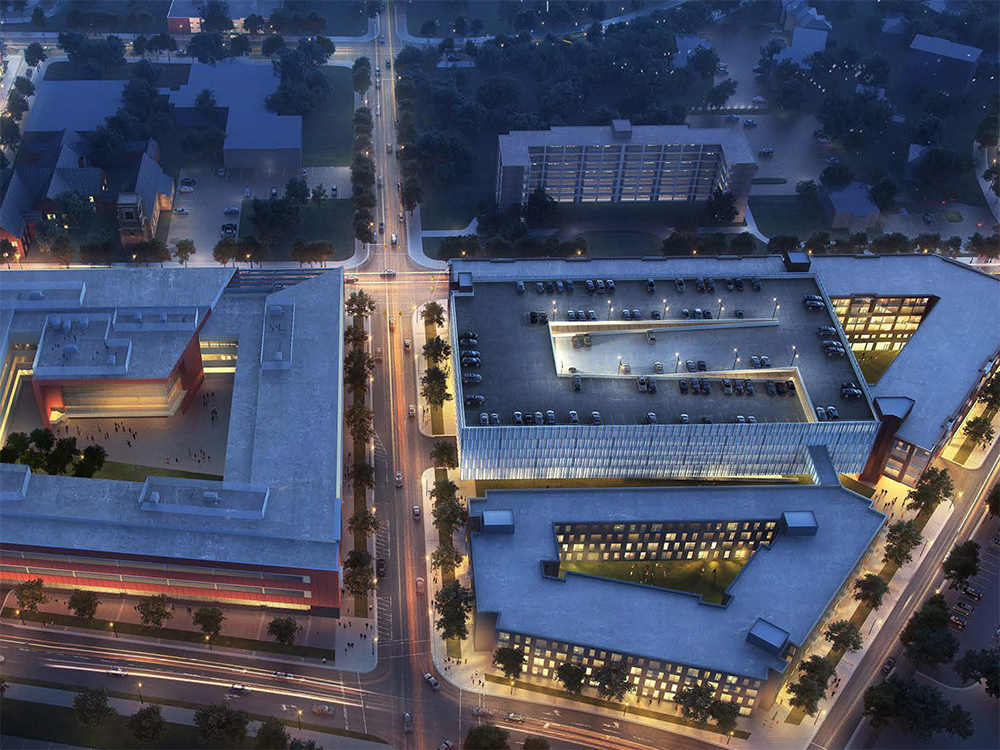 An overhead rendering of two large, multi-story buildings in an urban setting.